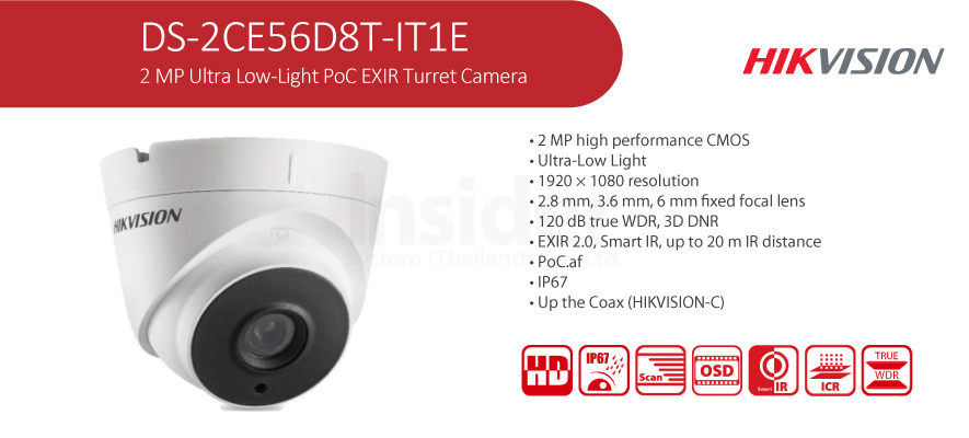 กล้องวงจรปิดระบบอนาล็อค ทรง Turret ความละเอียด MP (Ultra Low Light) (PoC)  รุ่น (DS-2CE56D8T-IT1E) บริษัท อินไซเดอร์ ซิสเต็ม จำกัด
